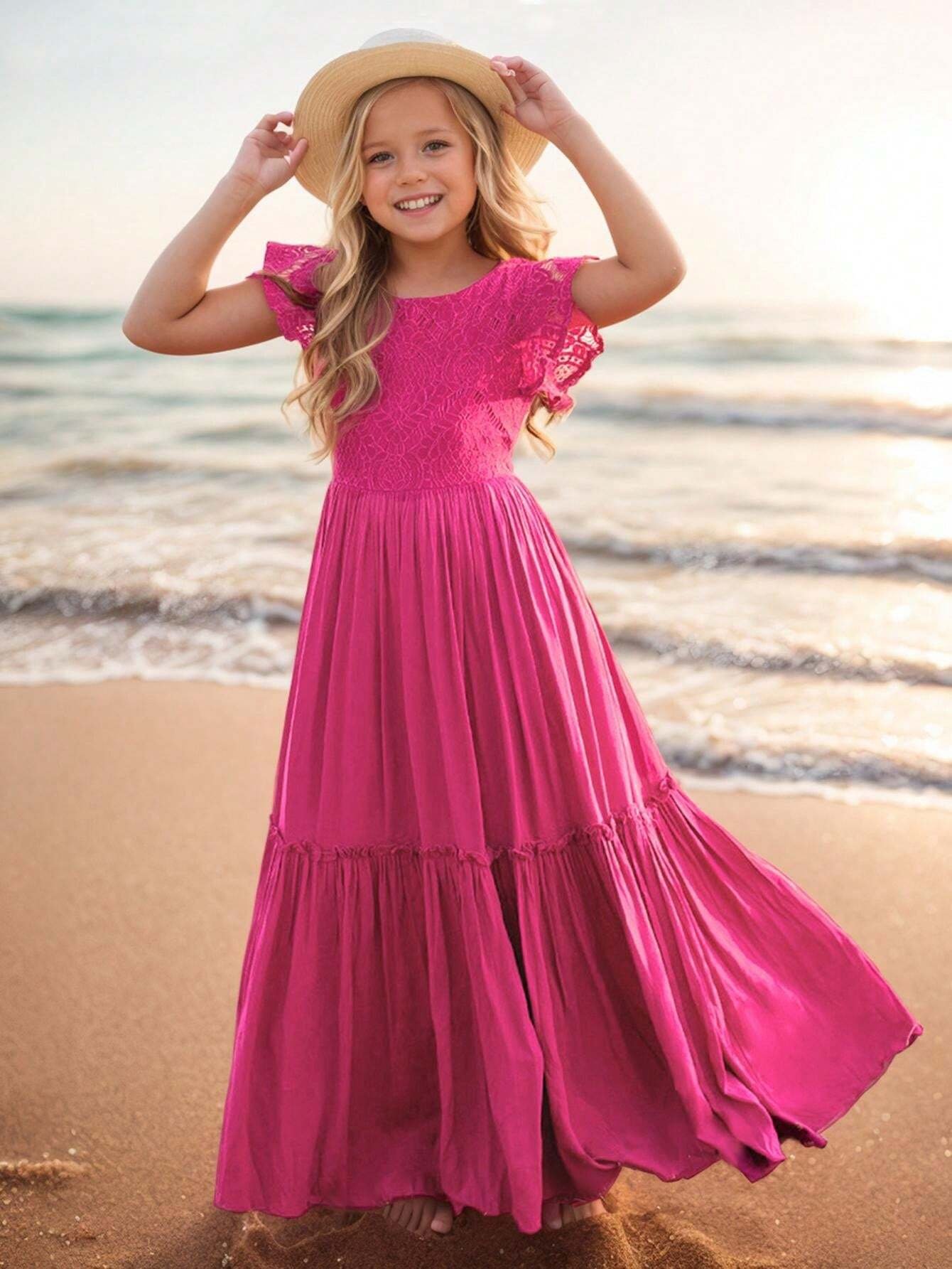 Robe patchwork en dentelle unie avec bordure à volants pour fille préadolescente – Image 3