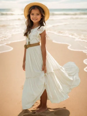 Robe patchwork en dentelle unie avec bordure à volants pour fille préadolescente