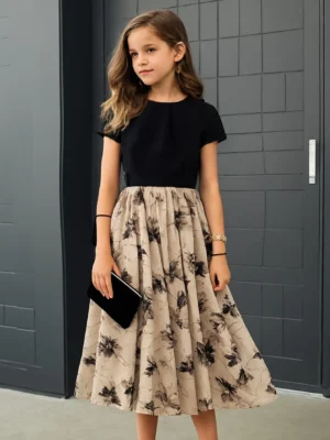 Robe décontractée à imprimé floral et patchwork pour fille