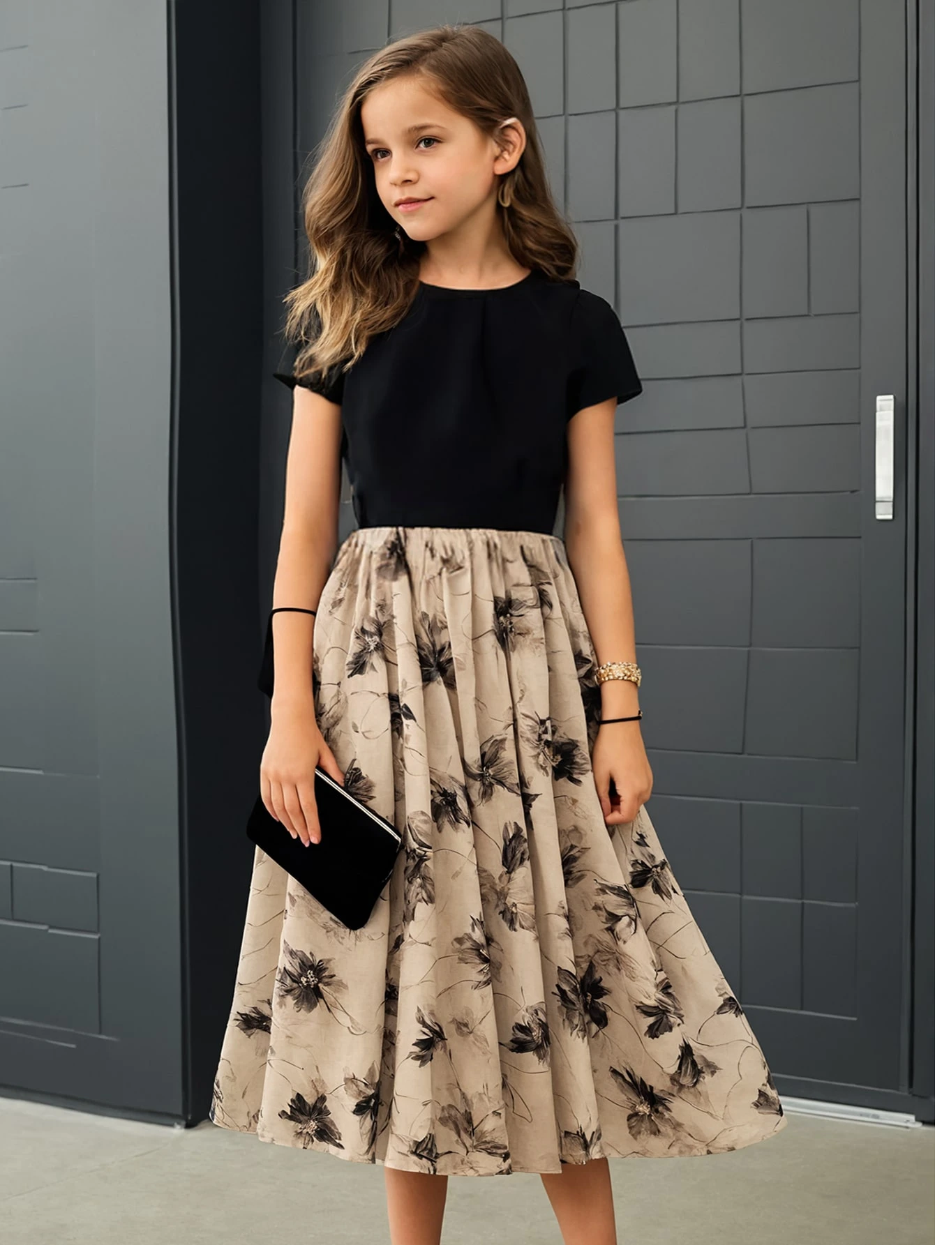 Robe décontractée à imprimé floral et patchwork pour fille
