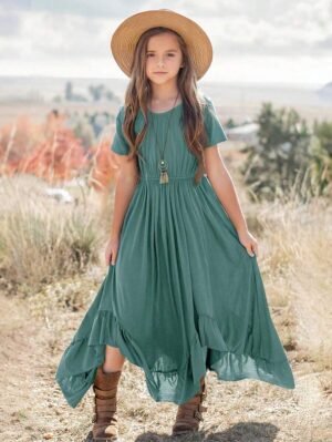 Robe longue décontractée à manches longues et couleur unie pour fille
