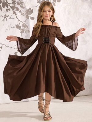 Robe asymétrique élégante à épaules dénudées et manches évasées pour fille