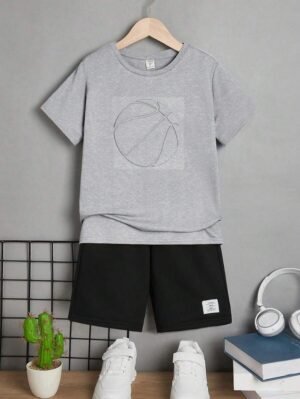 T-shirt à motif de basket-ball et short à détails patchés pour garçon préadolescent