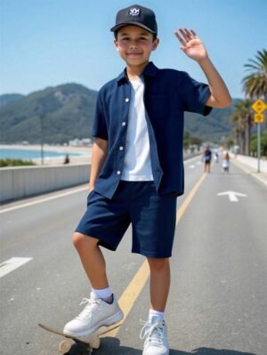 Tween Boy Chemise unie boutonnée sur le devant et short sans t-shirt